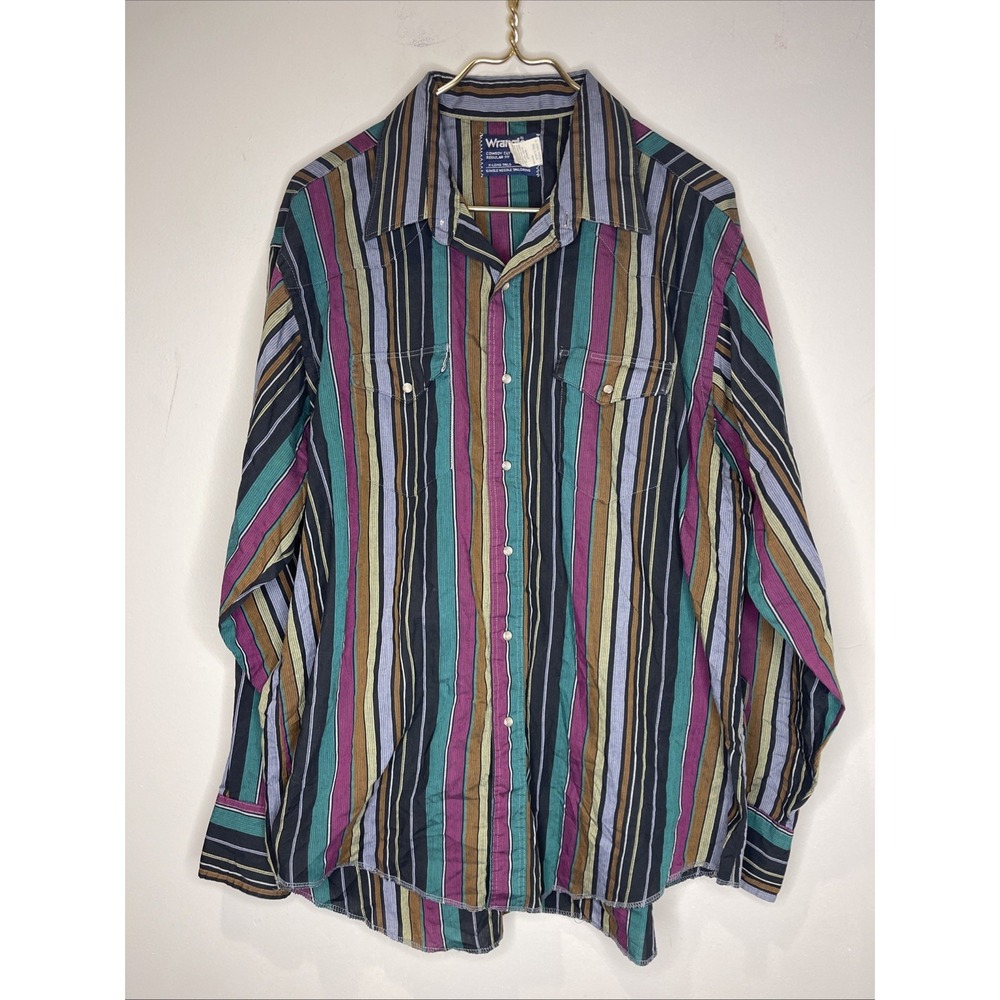 Vtg Wrangler Cowboy Cut Brushpopper Shirt Mens 18 36 Pearl Snap Striped Black